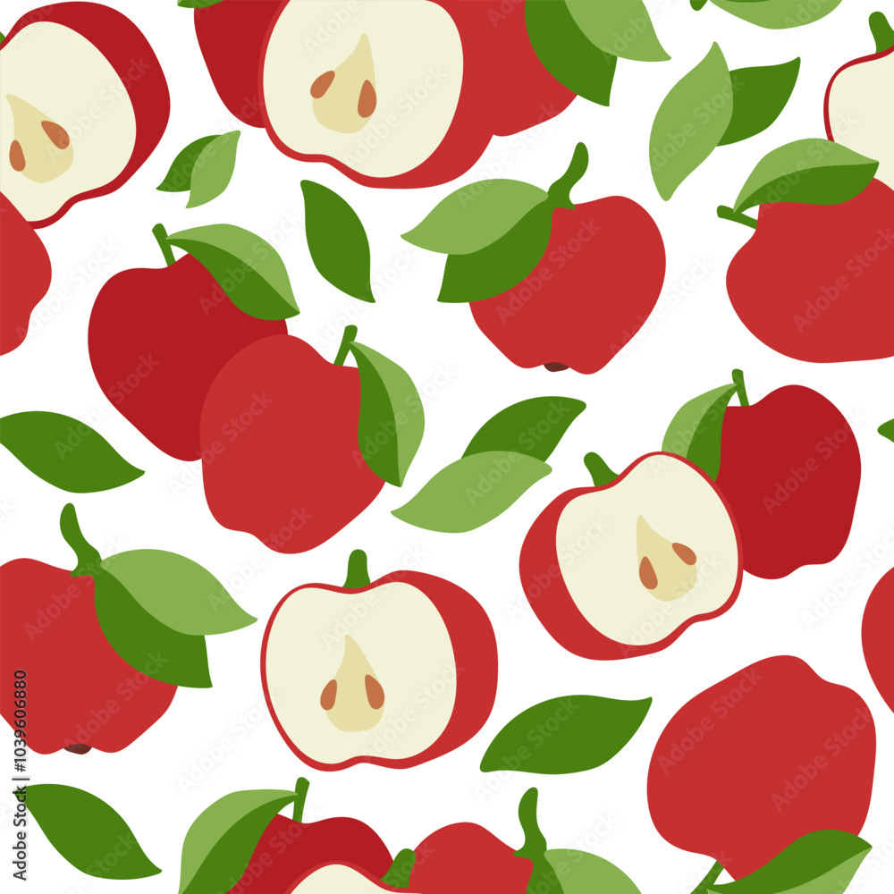Red apple vector cartoon seamless pattern on a white background. Red apple vector cartoon seamless pattern on a white background.
