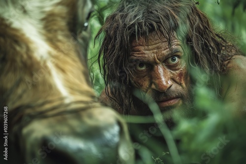 A primitive man with wild hair crouches beside a cow amidst dense forest vegetation, evoking a sense of connection to nature and ancient survival instincts.