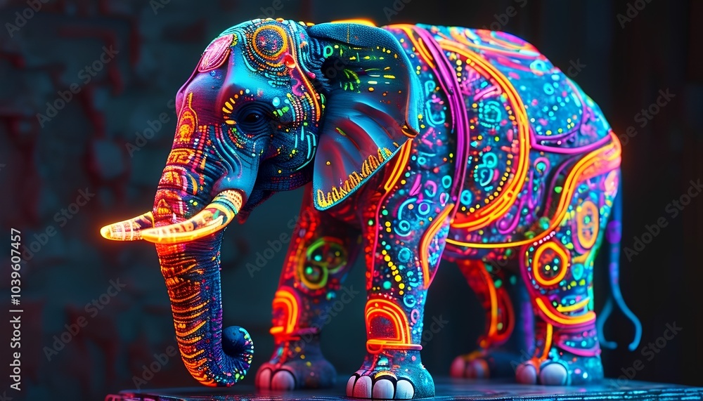 Fototapeta premium Neon-lit elephant statue with glowing neon decorations