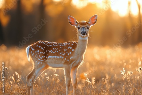 A lone deer grazes in a sun-drenched forest clearing.. Beautiful simple AI generated image