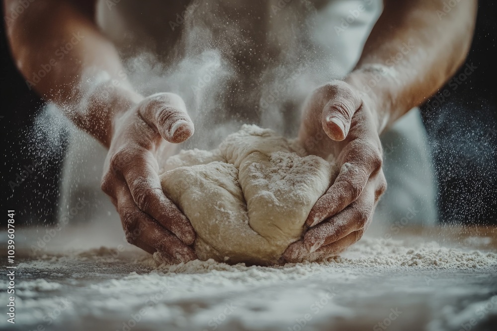 Flour scatters dramatically as caring hands mold dough on a floured surface, symbolizing the dynamic energy of creating something tangible and heartfelt in baking. Flour scatters dramatically as caring hands mold dough on a floured surface, symbolizing the dynamic energy of creating something tangible and heartfelt in baking.