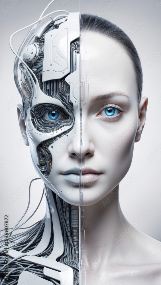 Close-up of a stylized humanoid face, half human, half robot. Artificial intelligence concept. Close-up of a stylized humanoid face, half human, half robot. Artificial intelligence concept.