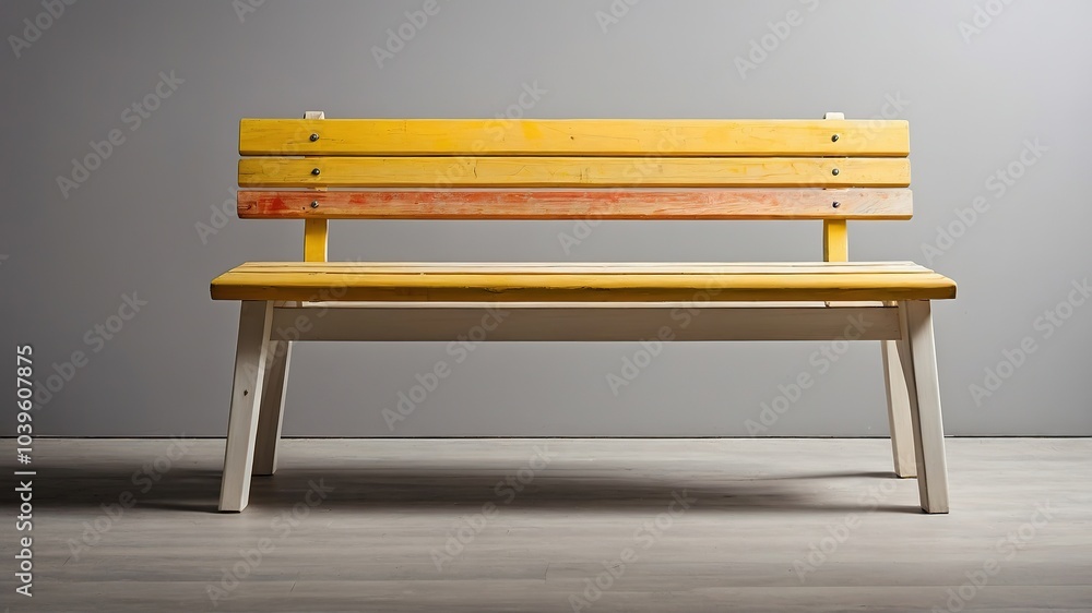 White Wooden Bench with Sloped Planks on Gray Background - Minimalist Design White Wooden Bench with Sloped Planks on Gray Background - Minimalist Design