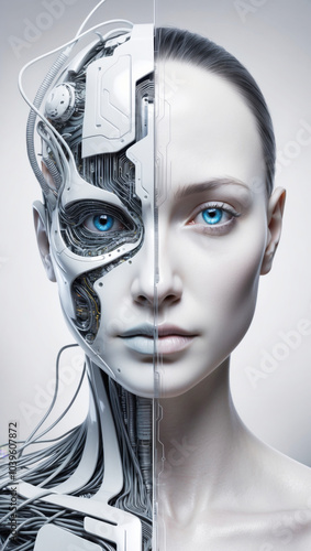 Close-up of a stylized humanoid face, half human, half robot. Artificial intelligence concept. photo