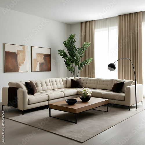 Modern Minimalist Living Room with L-Shaped Sofa and Neutral Tones Accented by Dark and Light Decor