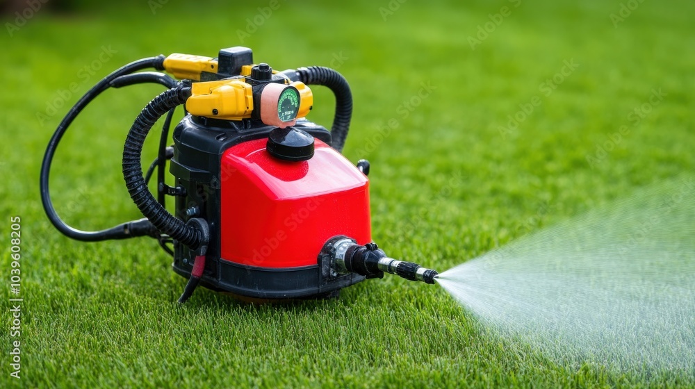 A red and black machine spraying water on the grass A red and black machine spraying water on the grass
