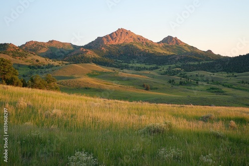 Untouched green valleys stretch under a sunlit sky, crowned with prominent mountain peaks, creating a harmonious view that exemplifies nature's serene grandeur. photo