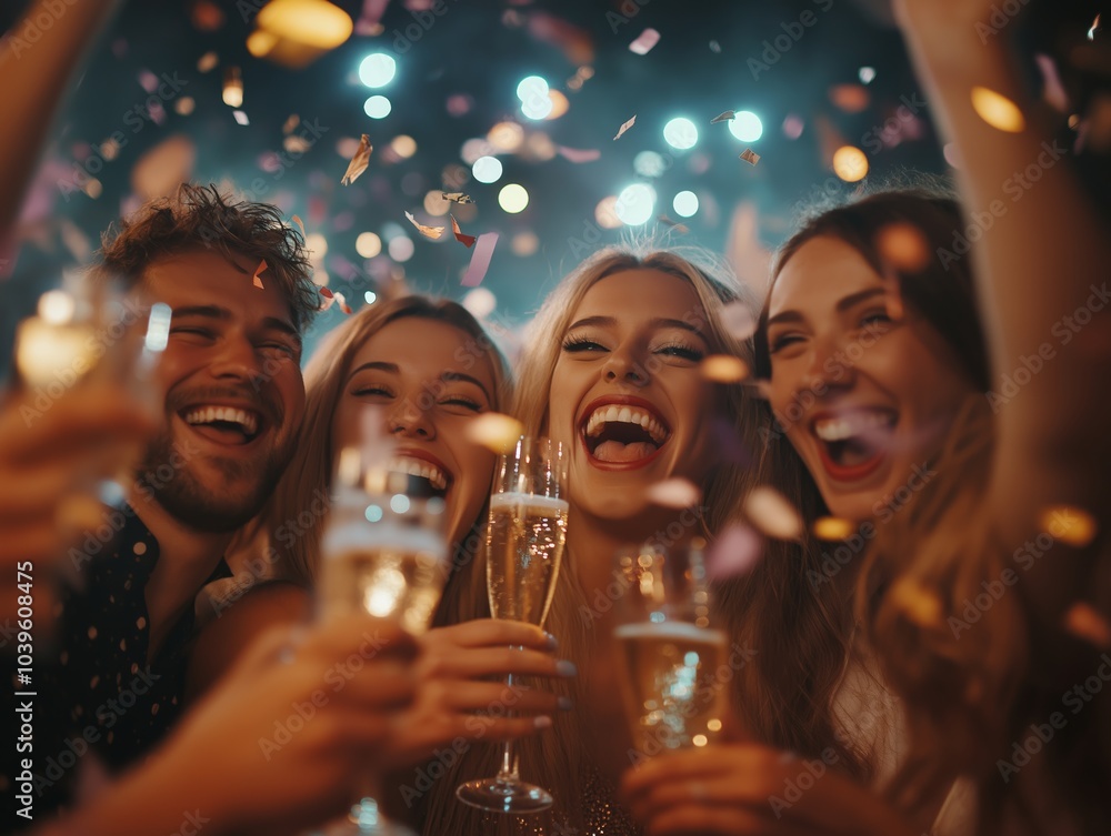 Group of friends cheering with champagne glasses at midnight, confetti falling, festive atmosphere Group of friends cheering with champagne glasses at midnight, confetti falling, festive atmosphere