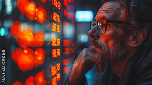 A man is looking at a screen with red numbers on it. He is wearing glasses and he is deep in thought