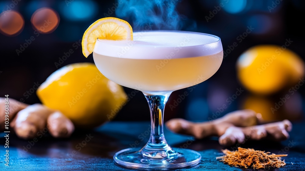A tight shot of a drink in a glass on a table Background includes sliced lemons and sticks of cinnamon A tight shot of a drink in a glass on a table Background includes sliced lemons and sticks of cinnamon
