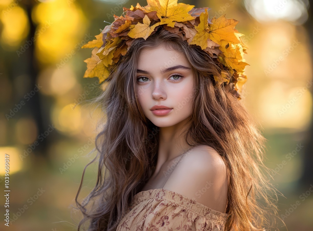 Beautiful young woman with long hair wearing a wreath of yellow autumn leaves on her head and an off-shoulder top posing outdoors Portrait of a beautiful girl model posing in a park Beautiful young woman with long hair wearing a wreath of yellow autumn leaves on her head and an off-shoulder top posing outdoors Portrait of a beautiful girl model posing in a park