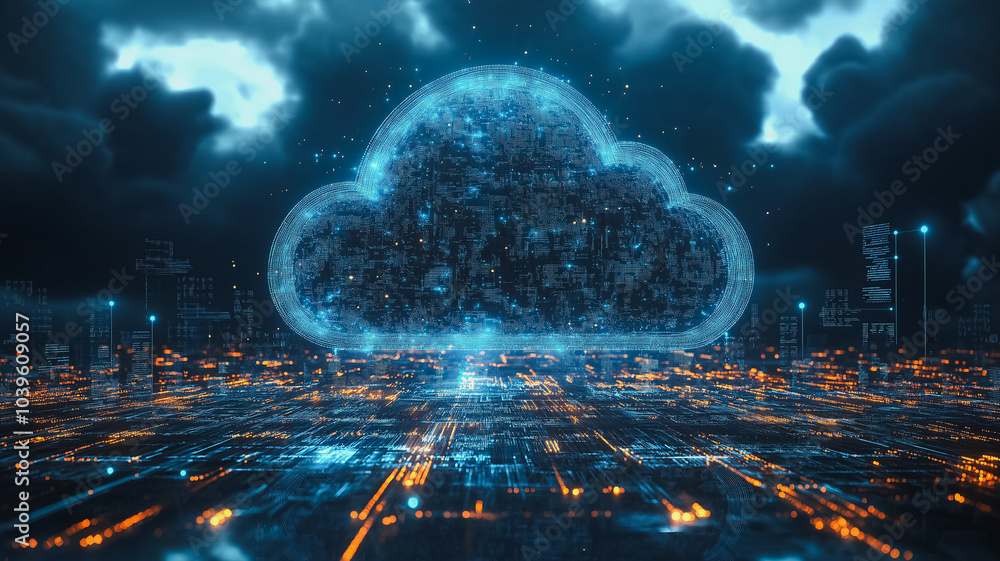 Cloud Computing: High-tech cloud computing network with interconnected servers and data flow, secure and scalable solutions Cloud Computing: High-tech cloud computing network with interconnected servers and data flow, secure and scalable solutions