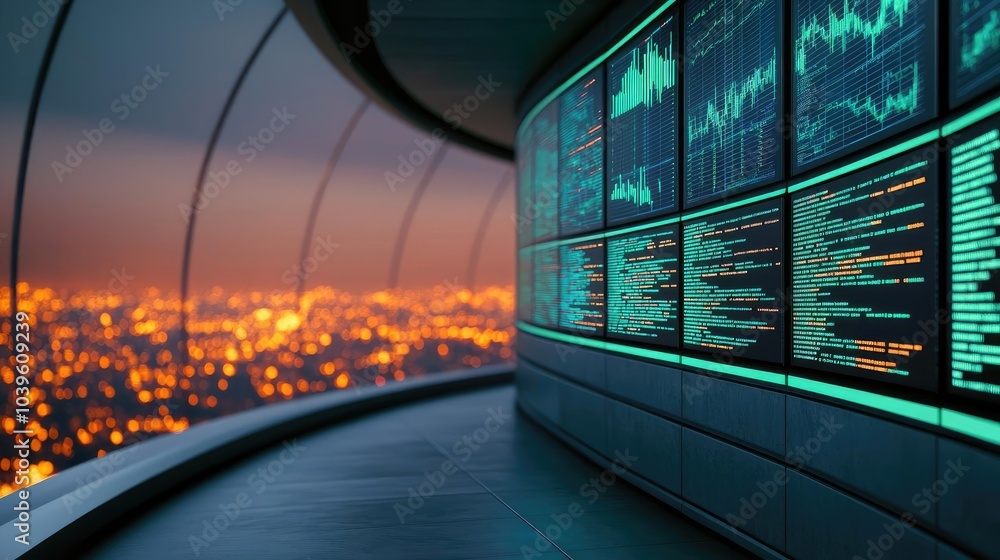 Obraz premium Futuristic control room with glowing screens and city view at night.