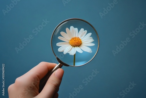 A hand holding a magnifying glass focuses on a white daisy flower with a yellow center, against a blue background, highlighting details and appreciation of nature. photo