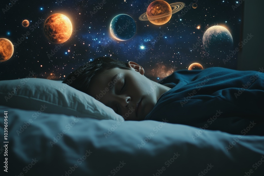 A child sleeps nestled in bed as an array of colorful planets and cosmic elements hover above, creating a harmonious blend of dreams and the universe. A child sleeps nestled in bed as an array of colorful planets and cosmic elements hover above, creating a harmonious blend of dreams and the universe.