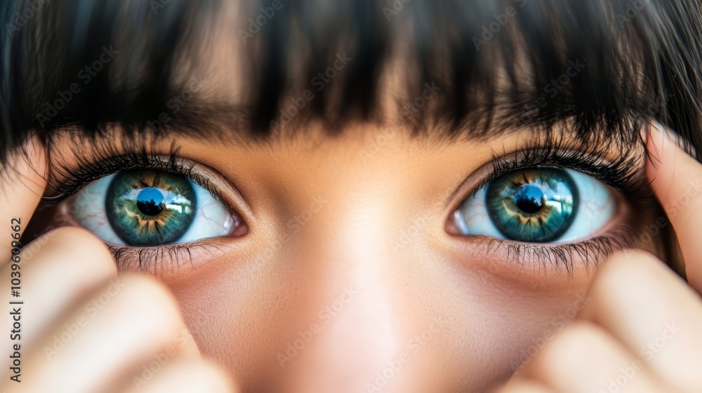 Naklejka premium A tight shot of a child's expressive blue eye, framed by long black hair, and adorned with blue contact lenses