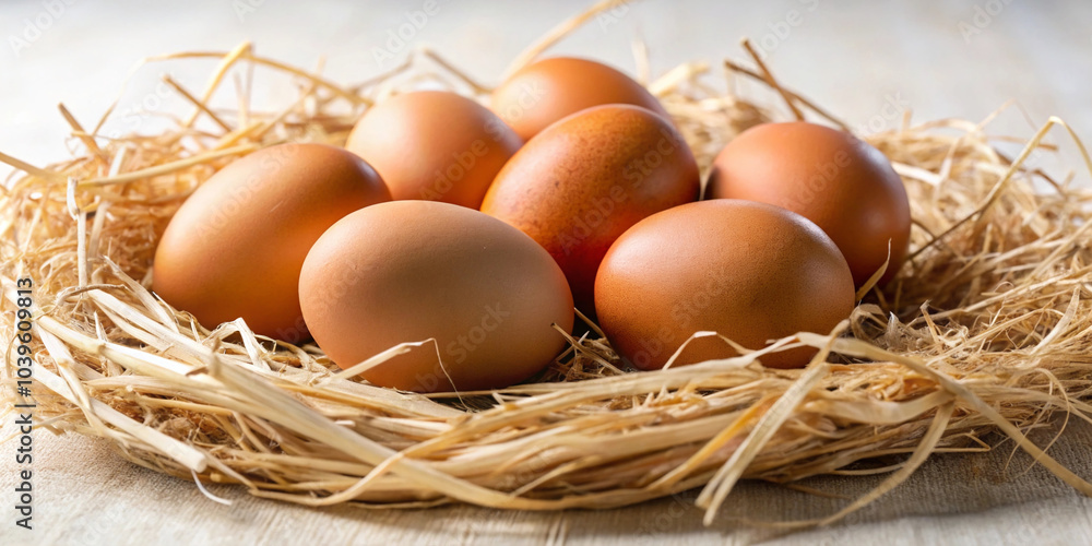 Brown Chicken Eggs Nestled in Dried Hay Brown Chicken Eggs Nestled in Dried Hay