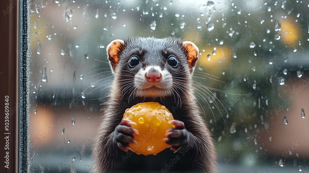Fototapeta premium Ferret Playing with Toys in Cozy Living Room on Rainy Day