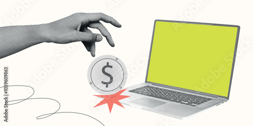 Contemporary Halftone Collage Hand for investments concept, marketing, trading. Online Stock banner with finance elements, coins, money. Vertical invest or business poster. Vector illustration.
