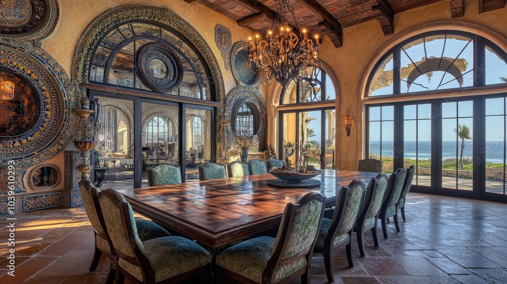 A grand Mediterranean dining area with a large wooden table A grand Mediterranean dining area with a large wooden table
