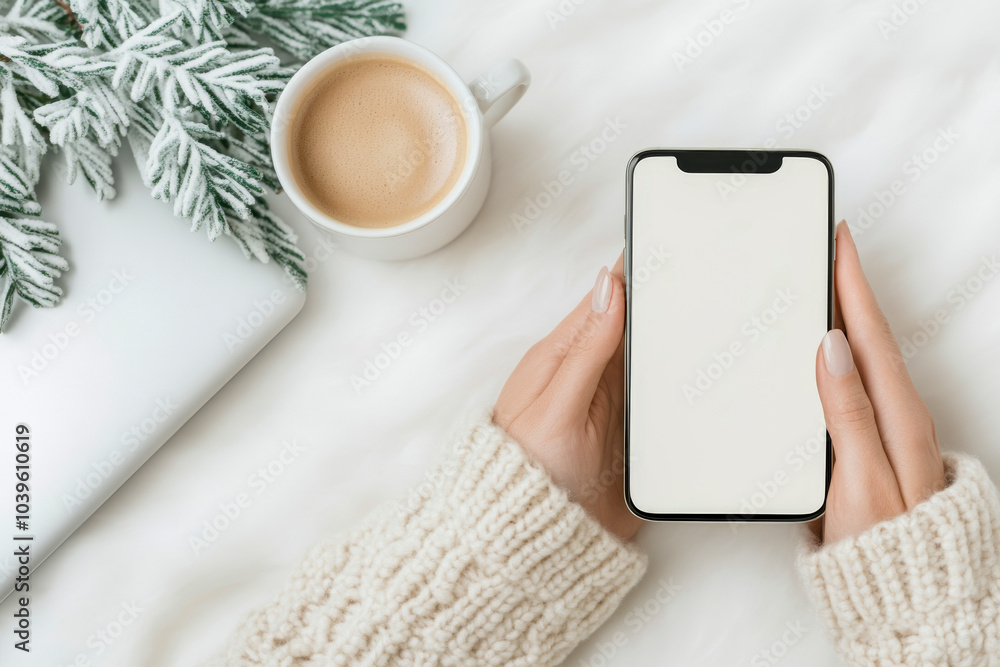 Cozy winter scene with smartphone and coffee for holiday inspiration Cozy winter scene with smartphone and coffee for holiday inspiration