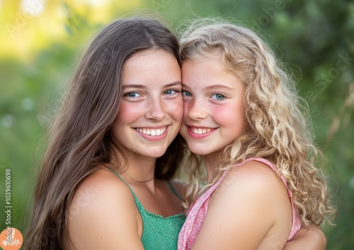 two girls the older one is an adult woman with long brown hair and blue eyes wearing green hugging her younger sister 