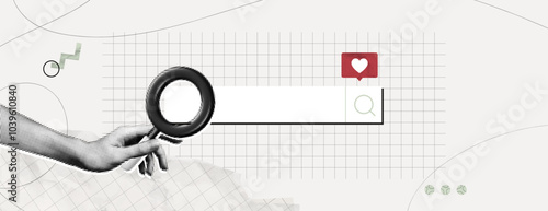 Trendy Halftone Collage Hand holds magnifier glass on search bar. Seo marketing concept. Website page. Internet analysis. Job for hire online. Find information. Contemporary vector art