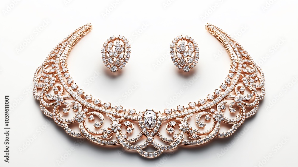 Luxurious 3D gold necklace adorned diamonds paired with matching earrings set on a white backdrop for an elegant and sophisticated look Luxurious 3D gold necklace adorned diamonds paired with matching earrings set on a white backdrop for an elegant and sophisticated look