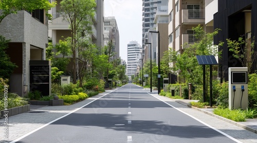 Sustainable Urban Street Scene  A tranquil residential street lined with lush greenery  solar panels  and electric vehicle charging stations  showcasing a vision of eco-conscious urban living. 