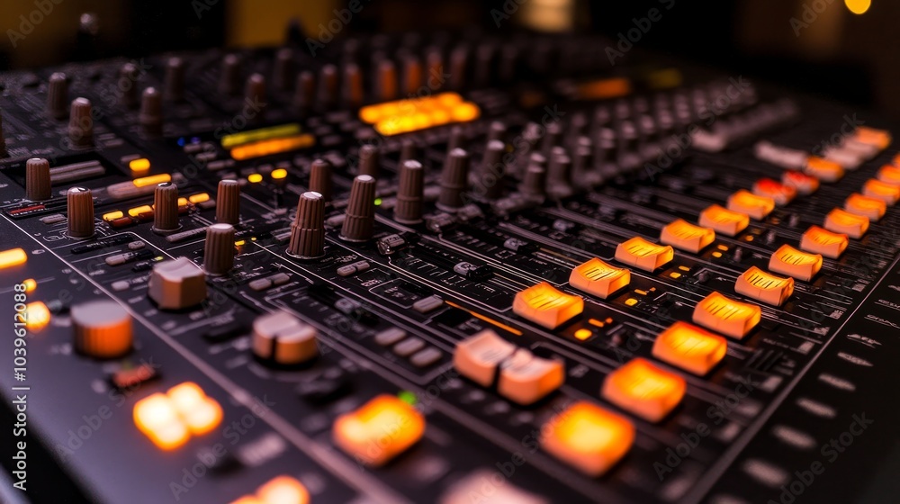 Studio Aesthetics, Soundboard Close-up,Mixing Console Detail: Faders and Knobs. Concept of music production, sound engineering, DJing, live performance, creative technology. Studio Aesthetics, Soundboard Close-up,Mixing Console Detail: Faders and Knobs. Concept of music production, sound engineering, DJing, live performance, creative technology.