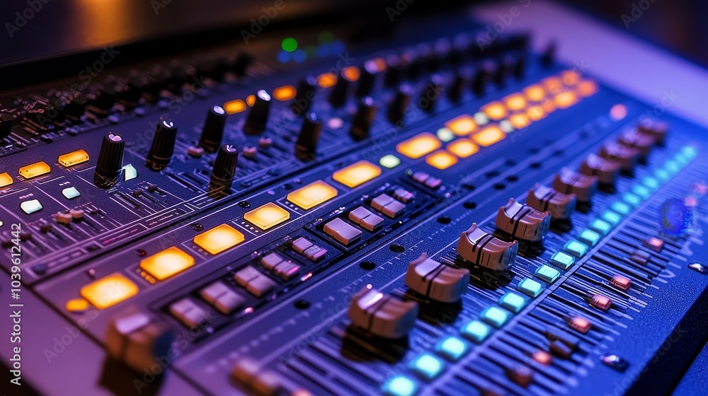 Studio Aesthetics, Soundboard Close-up,Mixing Console Detail: Faders and Knobs. Concept of music production, sound engineering, DJing, live performance, creative technology. Studio Aesthetics, Soundboard Close-up,Mixing Console Detail: Faders and Knobs. Concept of music production, sound engineering, DJing, live performance, creative technology.