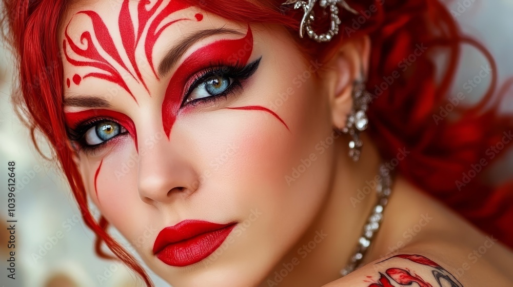 A tight shot of a red-haired woman with intricate red and white facial paint adornments A tight shot of a red-haired woman with intricate red and white facial paint adornments