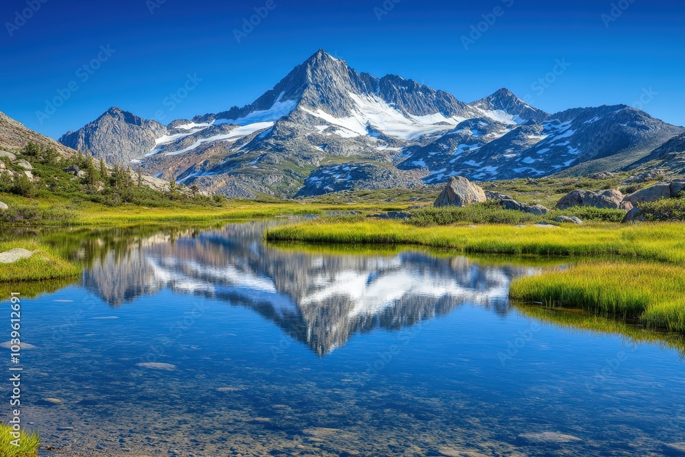 Tranquil lake with green grass and trees, and mountain scenery in summer under a blue sky. Looping time-lapse video.. Beautiful simple AI generated image Tranquil lake with green grass and trees, and mountain scenery in summer under a blue sky. Looping time-lapse video.. Beautiful simple AI generated image