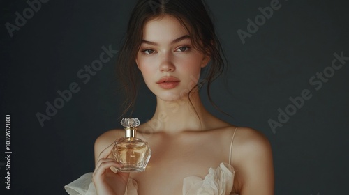 portrait, beautiful young woman holding a glass perfume bottle in her hands on a dark gray background, concept on a perfume theme, copy space