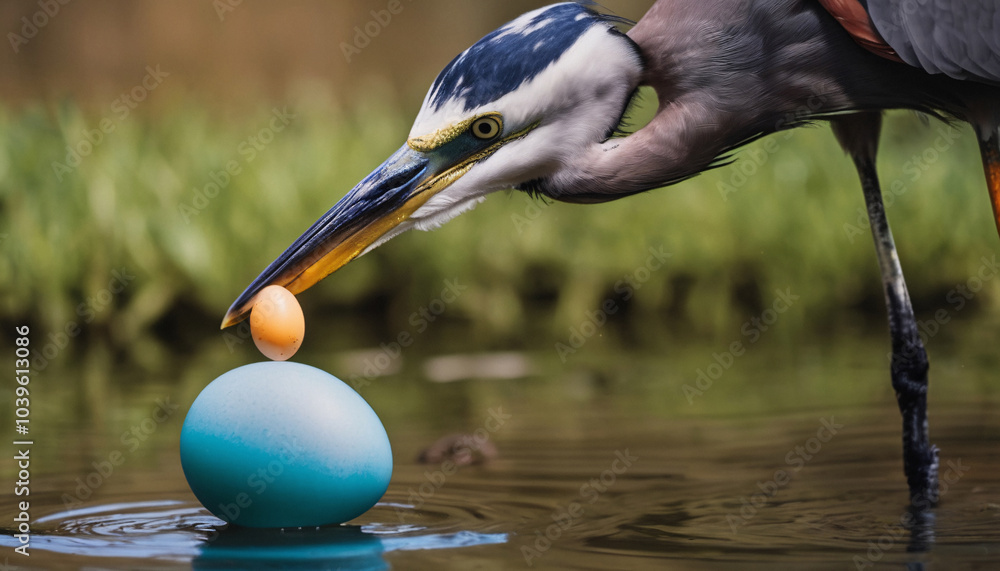 Obraz premium Great Blue Heron Balancing Easter Eggs