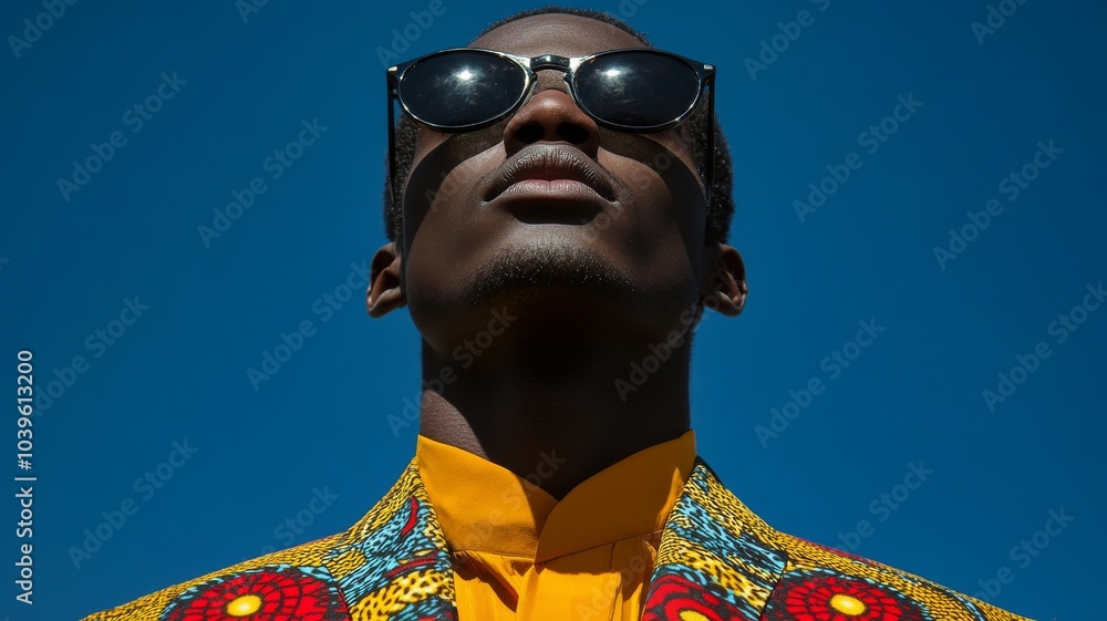 Obraz premium Contemporary elegant and sophisticated black male model wearing dark sunglasses and dressed in a ready to wear collection in vivacious elliptical radial gradients
