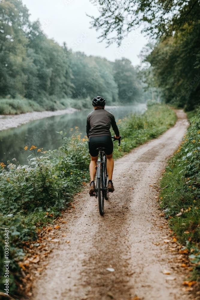 Cyclist Riding Along Scenic River Path in Nature Cyclist Riding Along Scenic River Path in Nature
