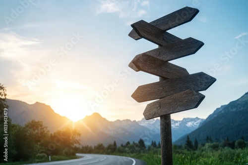 road sign with multiple arrows direction, symbolic image of a road sign with multiple arrows, representing the many choices and opportunities that life presents.