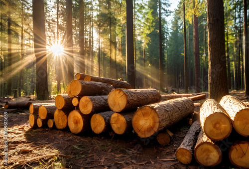Cut wood logs stacked in a forest. 