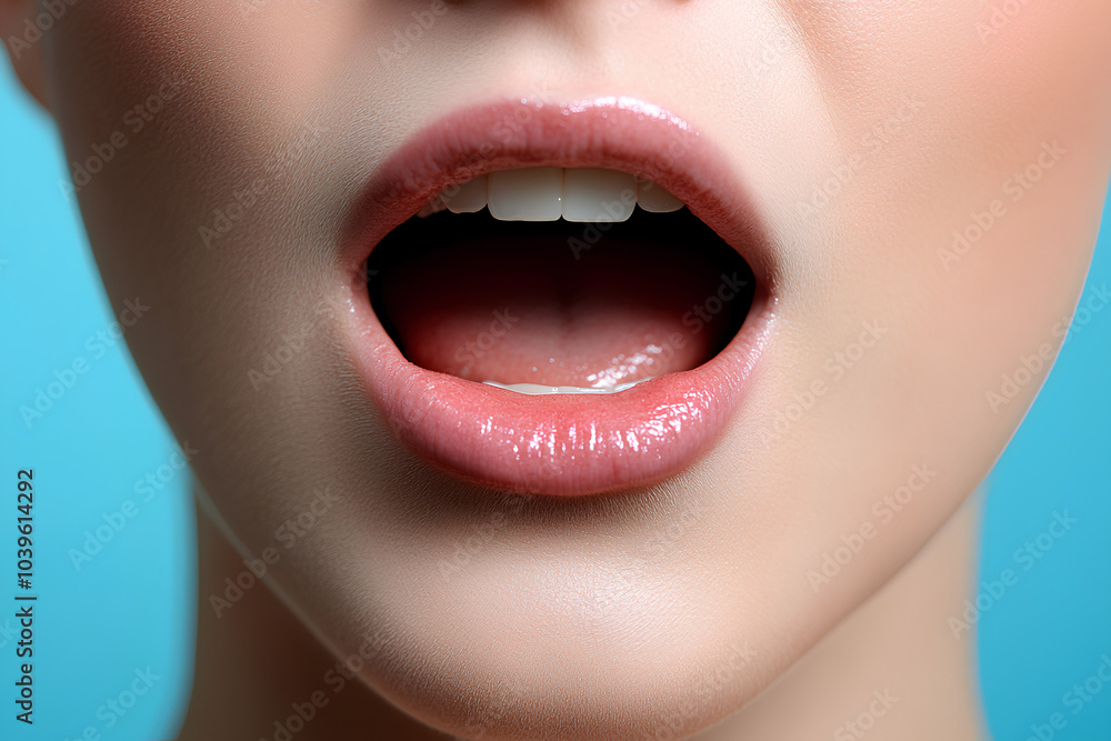 Obraz premium Woman's mouth is open, revealing her teeth