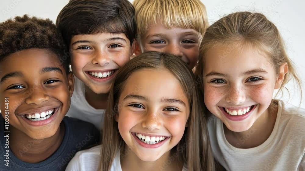 A group of five cute boys and girls from different ethnic backgrounds smiling brightly, showing healthy white teeth as they pose. A group of five cute boys and girls from different ethnic backgrounds smiling brightly, showing healthy white teeth as they pose.