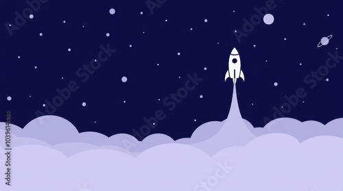 A minimalist space scene using three colors: deep navy for the sky, white for stars and planets, and a soft gradient for added depth. photo