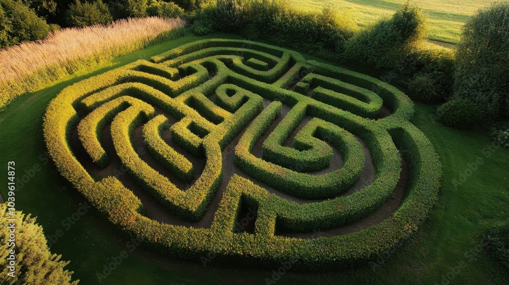 Aerial view of an intricate hedge maze surrounded by lush greenery on a sunny day in a tranquil countryside Aerial view of an intricate hedge maze surrounded by lush greenery on a sunny day in a tranquil countryside