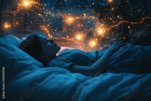 A woman peacefully dreams of exploring a vast cosmos, filled with stars and galaxies, portraying a dreamy journey of the soul amidst universe-bound serenity and wonder. photo