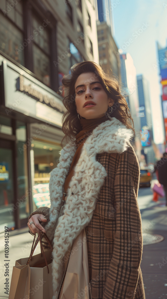 Obraz premium Stylish woman is walking down a busy city street holding shopping bags