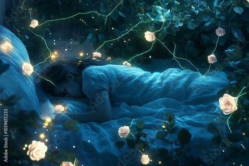 A young girl peacefully asleep surrounded by luminous roses, creating a beautifully dreamy and serene environment. The scene promotes peace and tranquil restfulness. photo