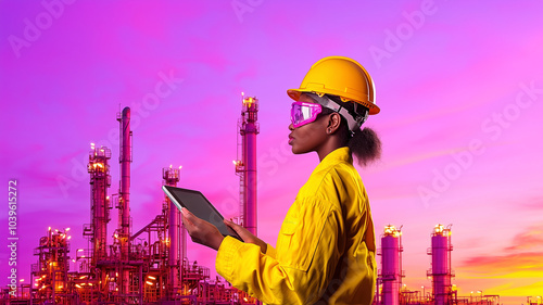 woman in yellow safety jacket and hard hat uses tablet at refinery during sunset, showcasing blend of technology and industry