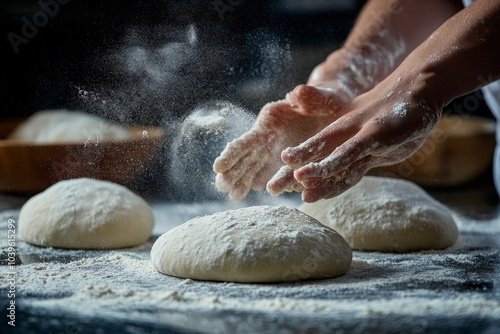 Flour-covered hands skillfully knead soft dough balls on a work surface dusted with flour, creating a classic baking scene capturing the essence of home baking. photo