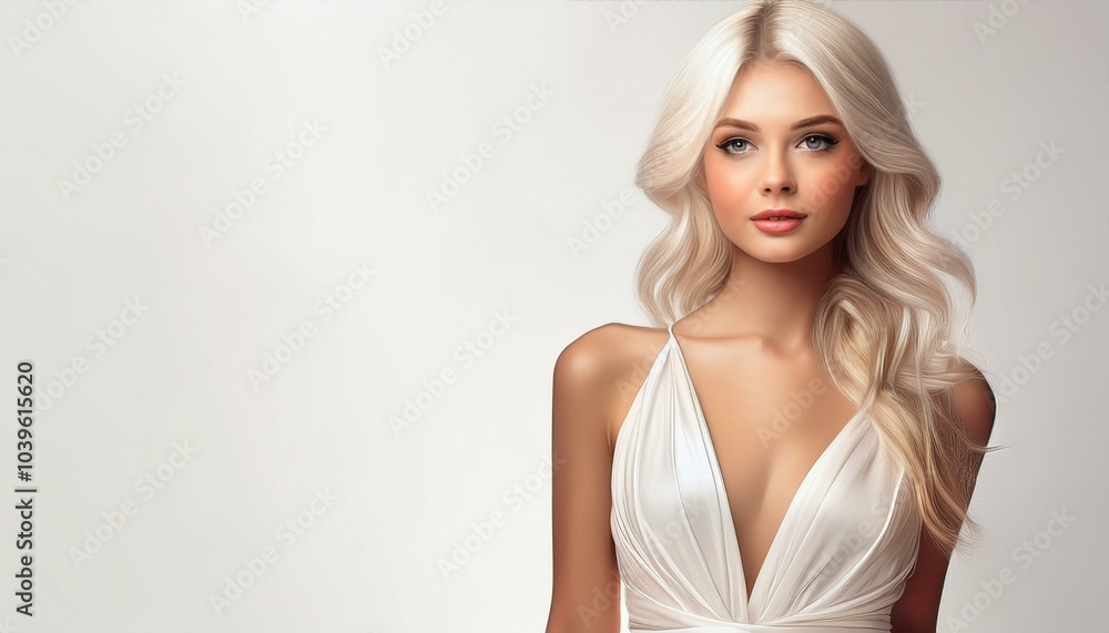 studio portrait of a blonde woman wearing a low cut while dress on white background, fashion photography studio portrait of a blonde woman wearing a low cut while dress on white background, fashion photography