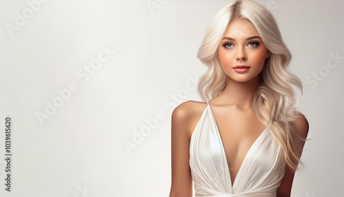 studio portrait of a blonde woman wearing a low cut while dress on white background, fashion photography